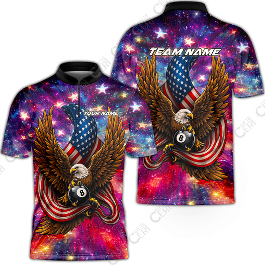 Customized 8 Ball Pool Stand Collar Quarter-Zip Short Sleeve Jersey, Billiard American Flag Galactic Eagle, Billiards Jerseys