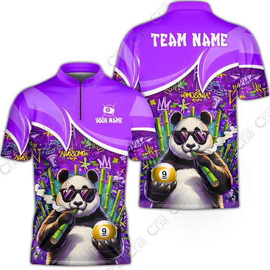 Customized 9 Ball Pool Stand Collar Quarter-Zip Short Sleeve Jersey, 9-Ball Panda Bamboo Billiards, Billiards Jerseys