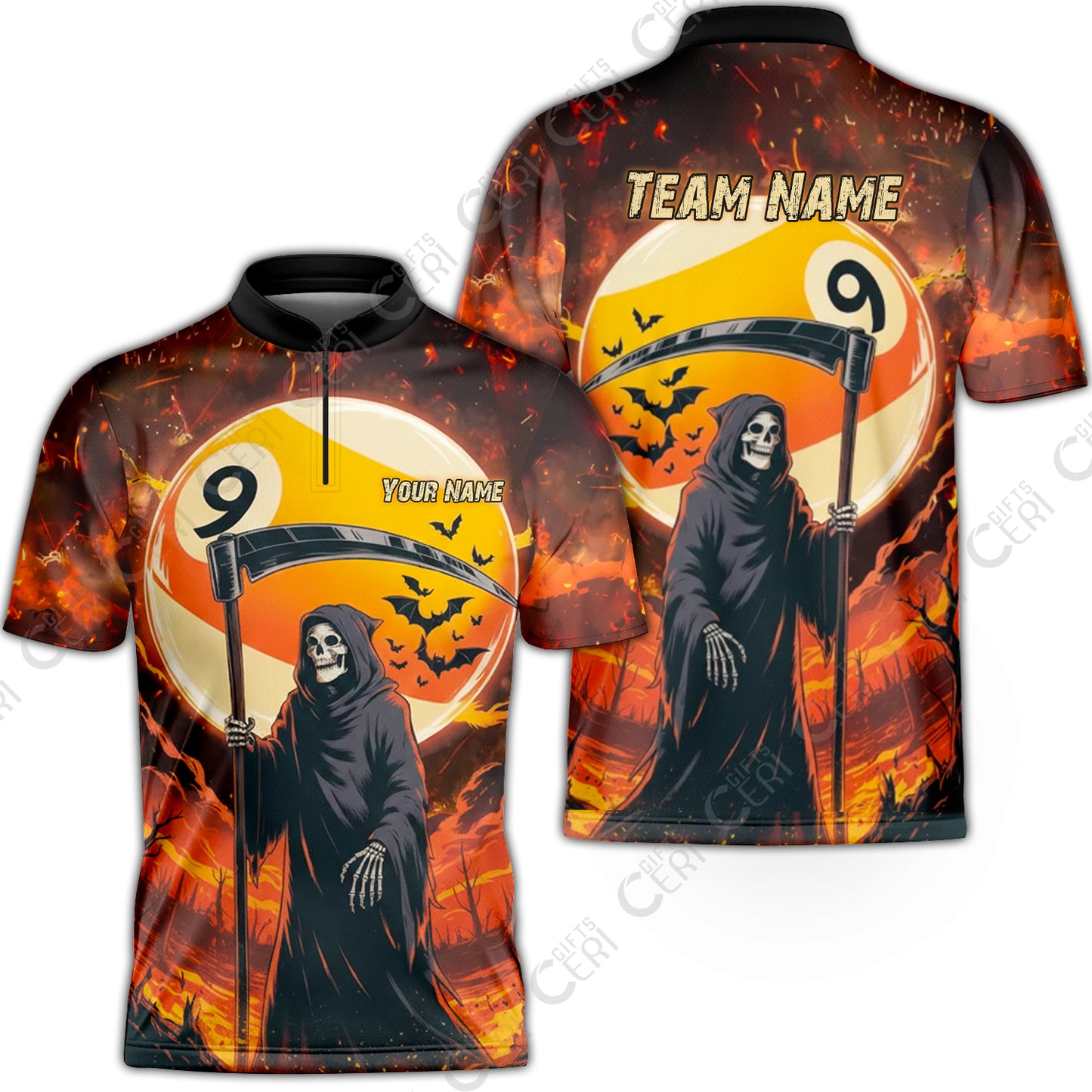 Customized Billiards Collar Quarter-Zip Short Sleeve Jersey, Personalized Halloween Grim Reaper Death Shot 9 Ball Jersey