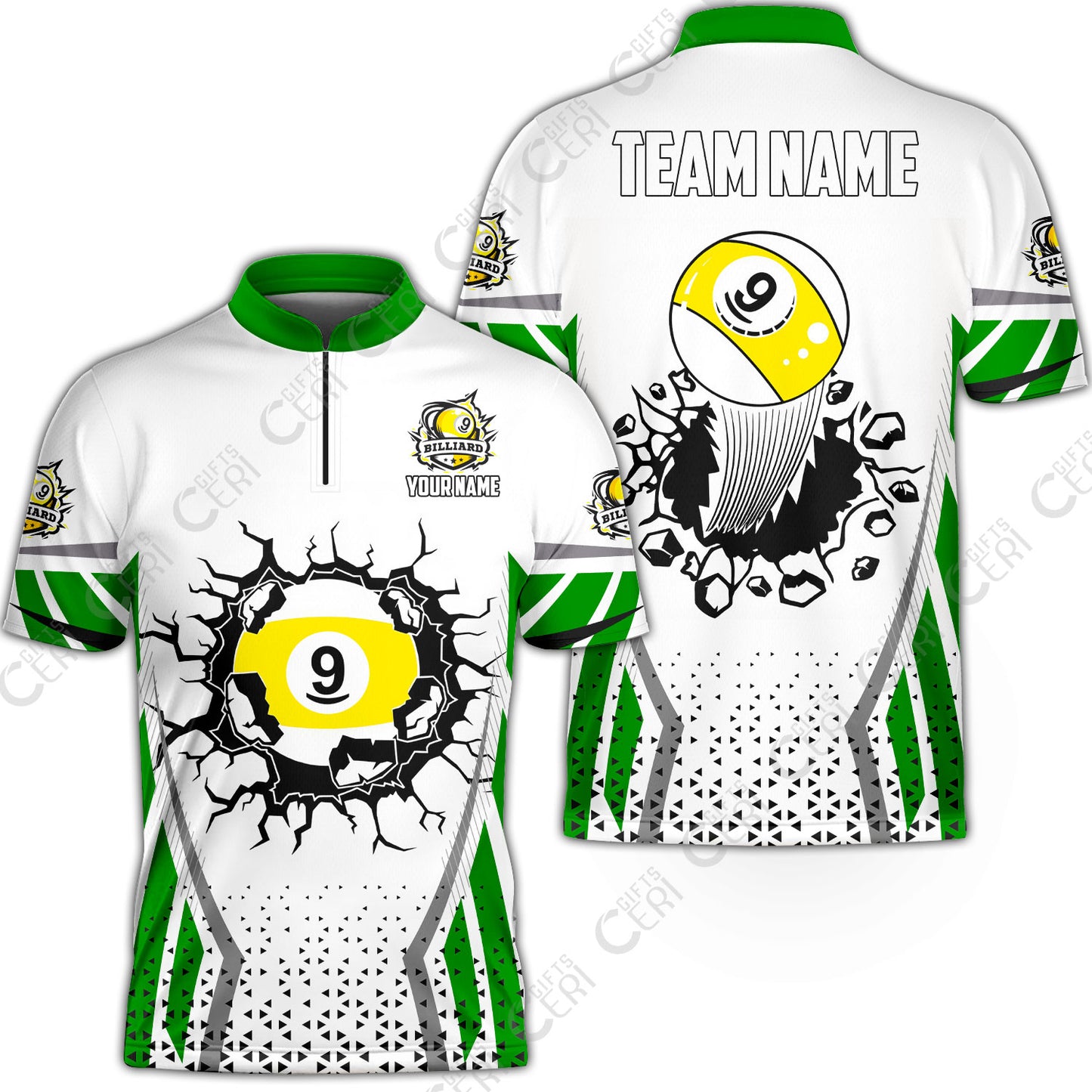 Customized 9 Ball Pool Stand Collar Quarter-Zip Short Sleeve Jersey, Billiard Triangle Pattern, 9-Ball Breaks The Wall, Billiard Jerseys