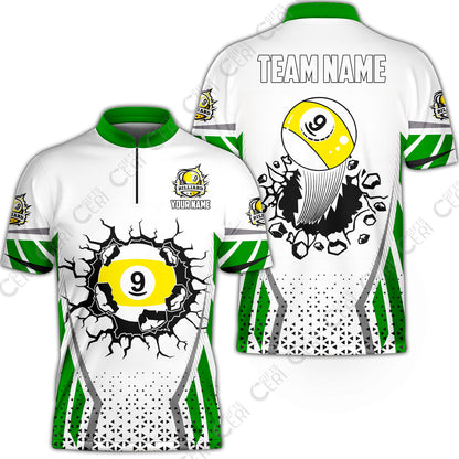 Customized 9 Ball Pool Stand Collar Quarter-Zip Short Sleeve Jersey, Billiard Triangle Pattern, 9-Ball Breaks The Wall, Billiard Jerseys