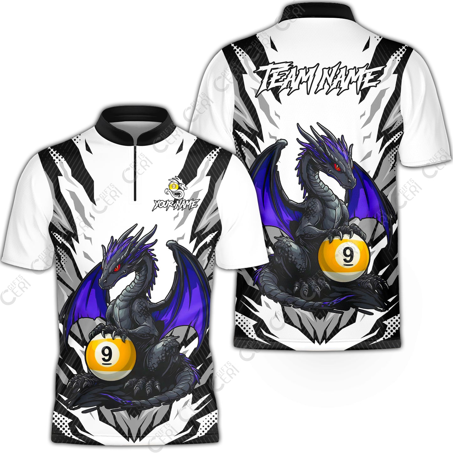 Customized Billiards Stand Collar Quarter-Zip Short Sleeve Jersey, Personalized Baby Dragon 9 Ball Jersey Gift For Billiard Players