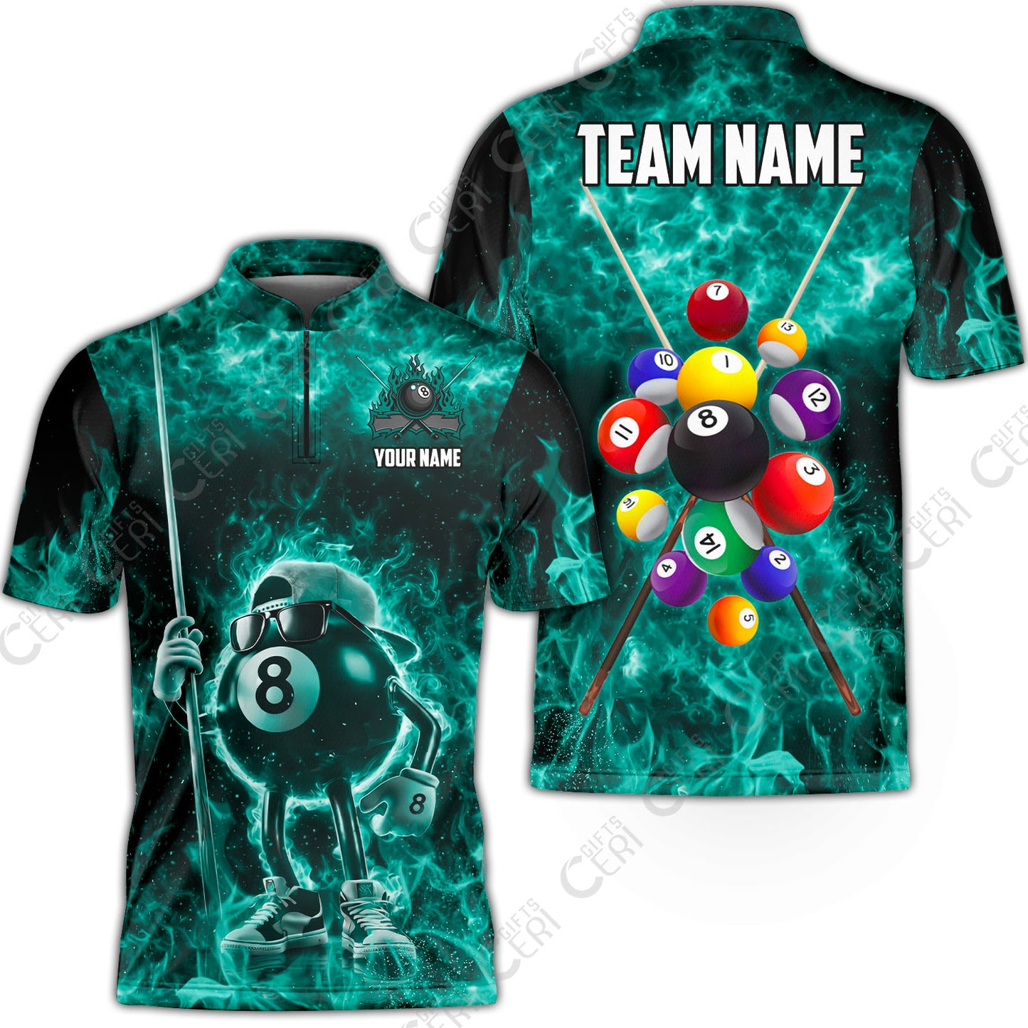 Customized 8 Ball Pool Stand Collar Quarter-Zip Short Sleeve Jersey, 8-Ball Wearing Cap And Sunglasses Flaming Burn, Billiard Jerseys