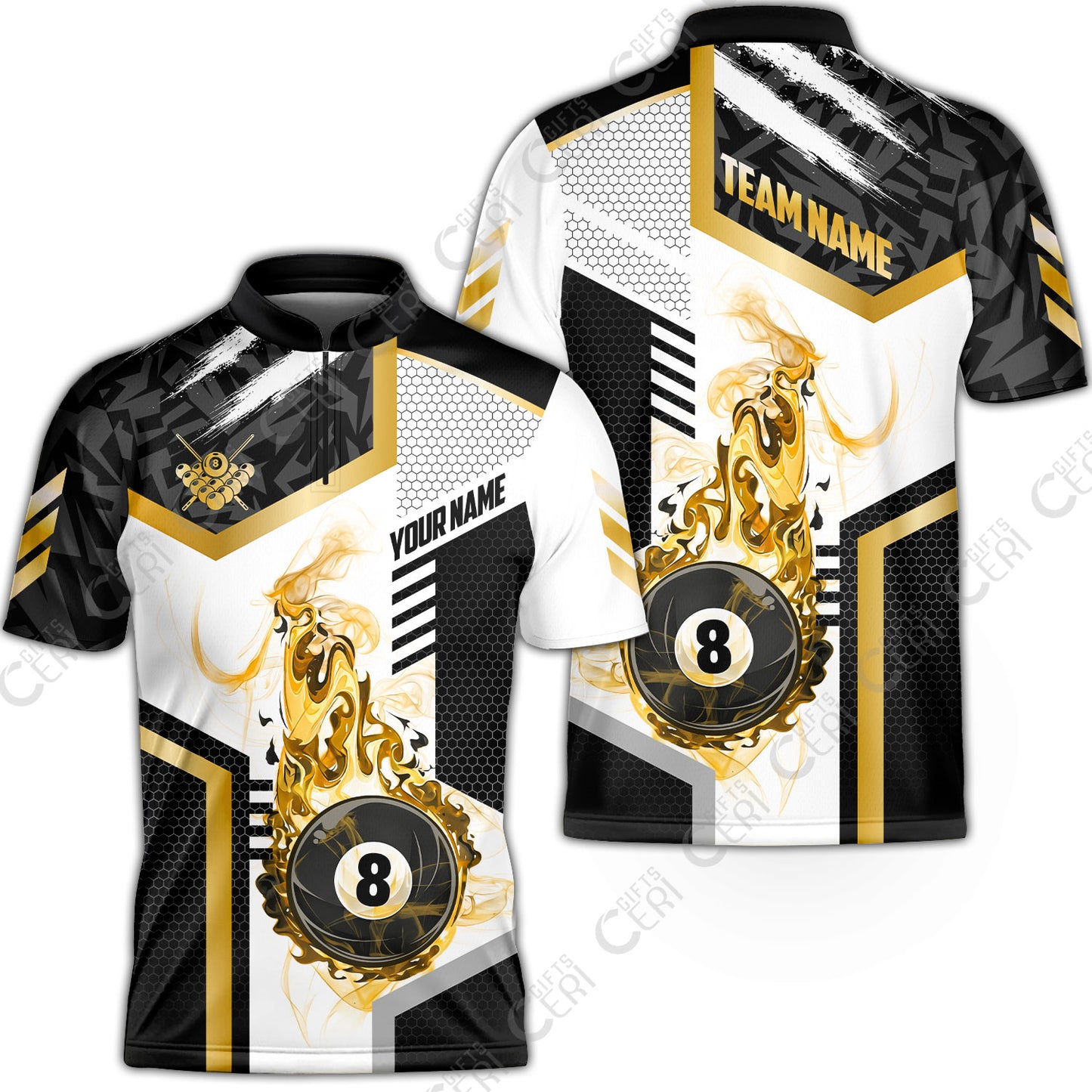 Customized Billiards Stand Collar Quarter-Zip Short Sleeve Jersey, Flaming 8-Ball Graphic, 8 Ball Pool Jersey