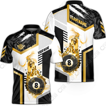 Customized Billiards Stand Collar Quarter-Zip Short Sleeve Jersey, Flaming 8-Ball Graphic, 8 Ball Pool Jersey