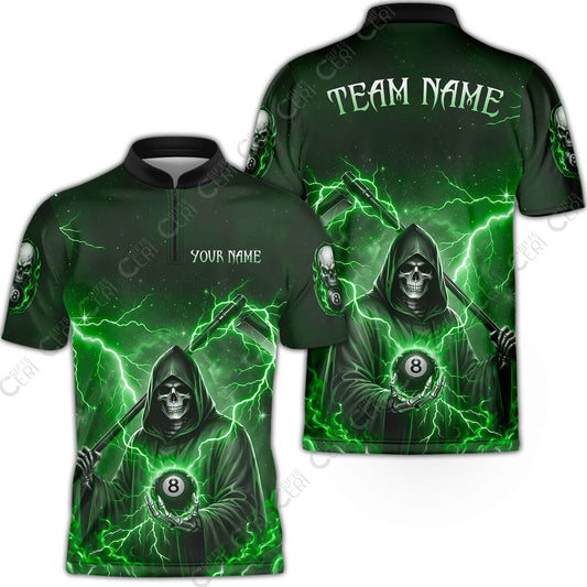 Customized 8 Ball Pool Stand Collar Quarter-Zip Short Sleeve Jersey, Lightning And Flame Grim Reaper With 8 Ball, Personalized Billiards Jersey