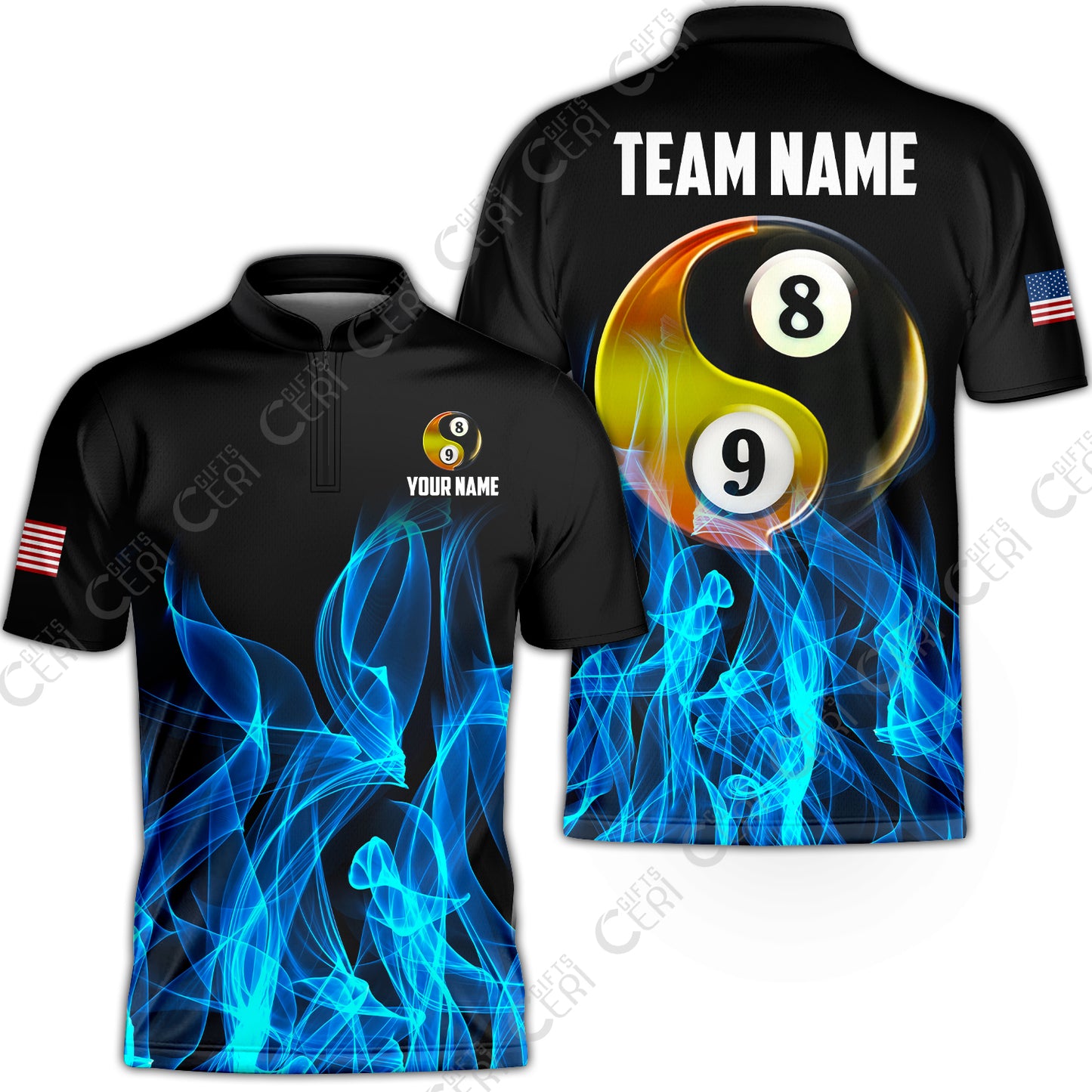 Customized Billiard Stand Collar Quarter-Zip Short Sleeve Jersey, Billiard 8-Ball And 9-Ball Yin-Yang Flame, Billiard Jerseys