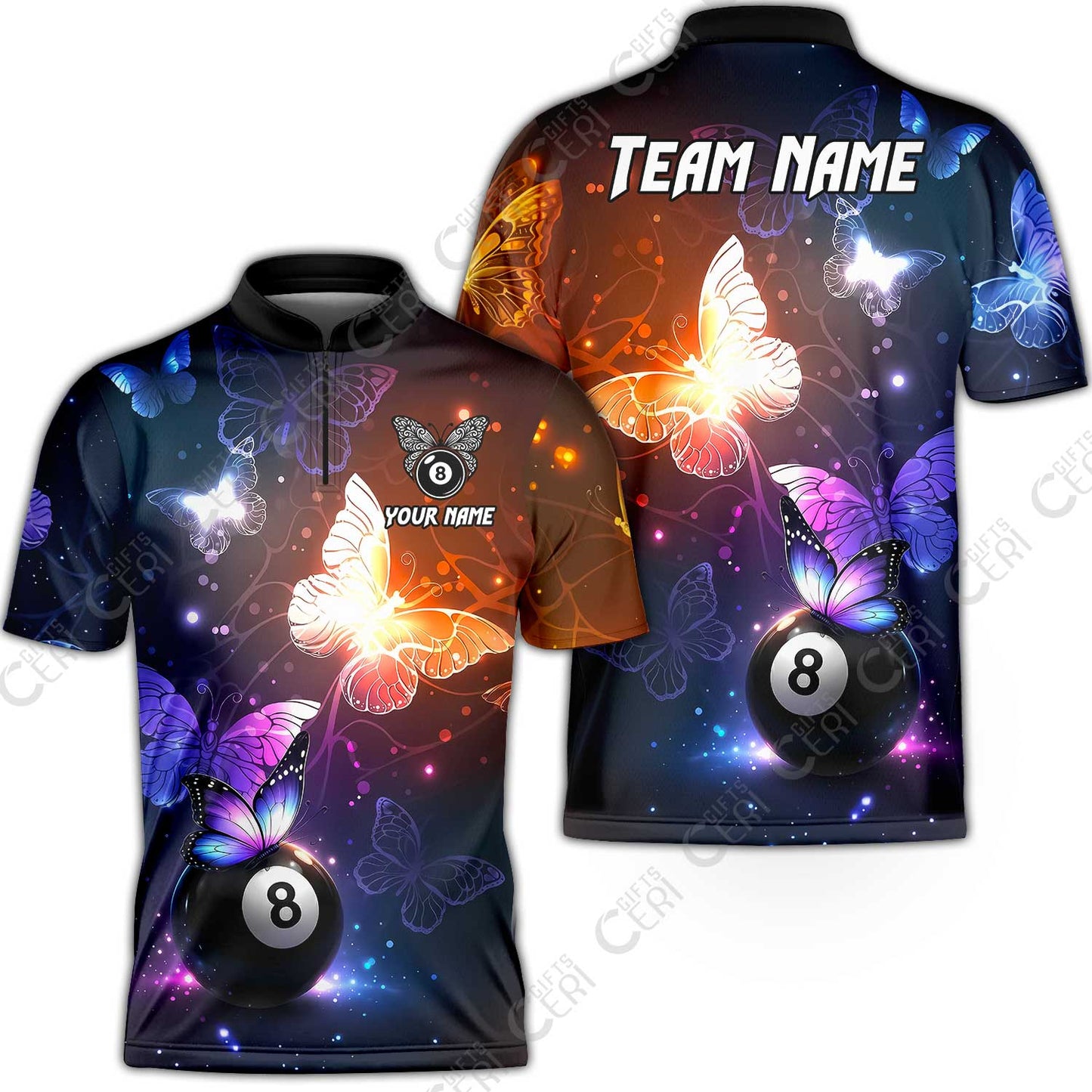 Customized 8 Ball Pool Stand Collar Quarter-Zip Short Sleeve Jersey, Billiard Butterfly Sparkle 8-Ball, Personalized Billiards Jersey