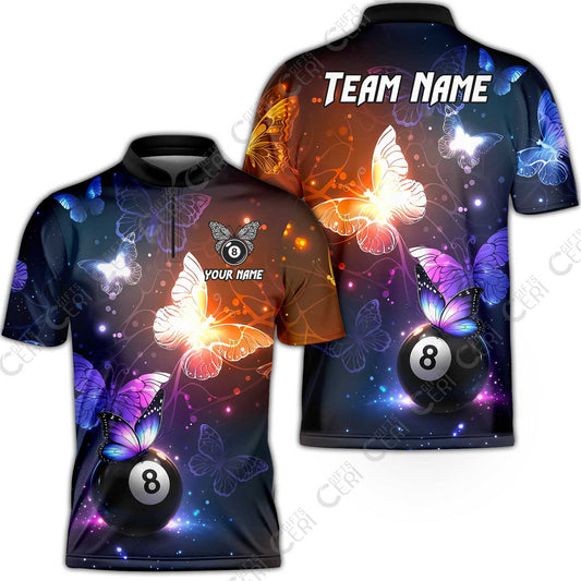Customized 8 Ball Pool Stand Collar Quarter-Zip Short Sleeve Jersey, Billiard Butterfly Sparkle 8-Ball, Personalized Billiards Jersey
