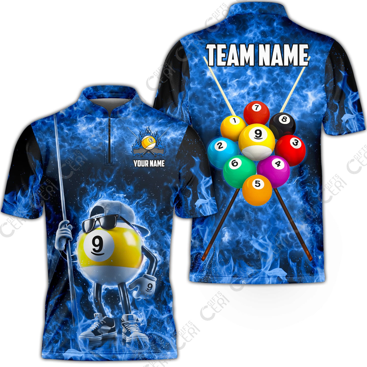 Customized 9 Ball Pool Stand Collar Quarter-Zip Short Sleeve Jersey, 9-Ball Wearing Cap And Sunglasses Flaming Burn, Billiard Jerseys