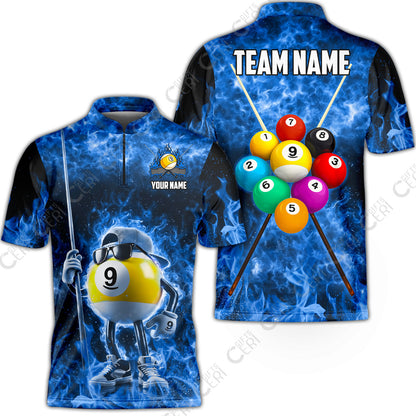 Customized 9 Ball Pool Stand Collar Quarter-Zip Short Sleeve Jersey, 9-Ball Wearing Cap And Sunglasses Flaming Burn, Billiard Jerseys