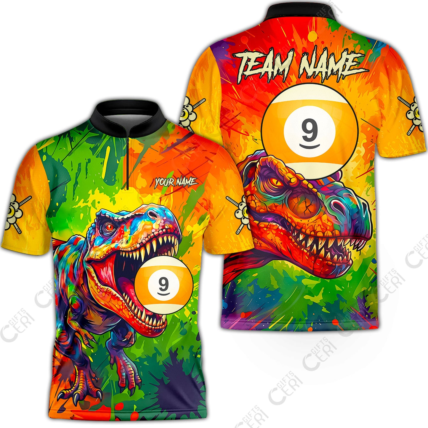 Customized 9 Ball Pool Stand Collar Quarter-Zip Short Sleeve Jersey, Dinosaur Colorful Splash Paint Billiard 9-Ball, Personalized Billiards Jersey