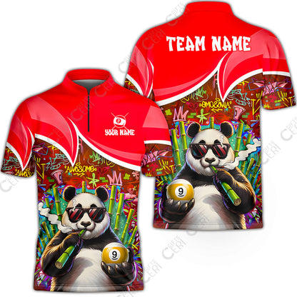 Customized 9 Ball Pool Stand Collar Quarter-Zip Short Sleeve Jersey, 9-Ball Panda Bamboo Billiards, Billiards Jerseys