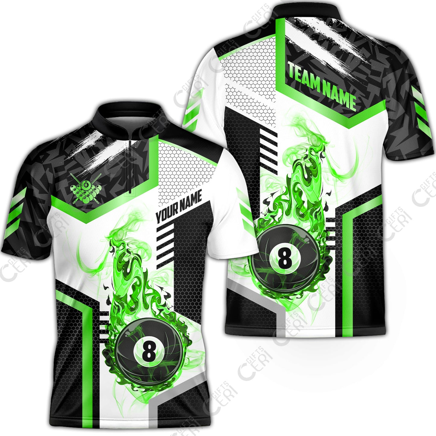 Customized Billiards Stand Collar Quarter-Zip Short Sleeve Jersey, Flaming 8-Ball Graphic, 8 Ball Pool Jersey