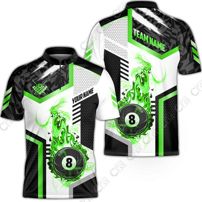 Customized Billiards Stand Collar Quarter-Zip Short Sleeve Jersey, Flaming 8-Ball Graphic, 8 Ball Pool Jersey