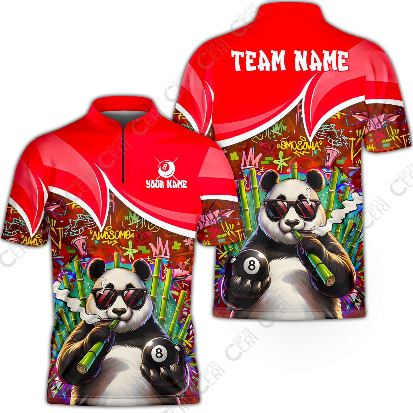 Customized 8 Ball Pool Stand Collar Quarter-Zip Short Sleeve Jersey, 8-Ball Panda Bamboo Billiards, Billiards Jerseys