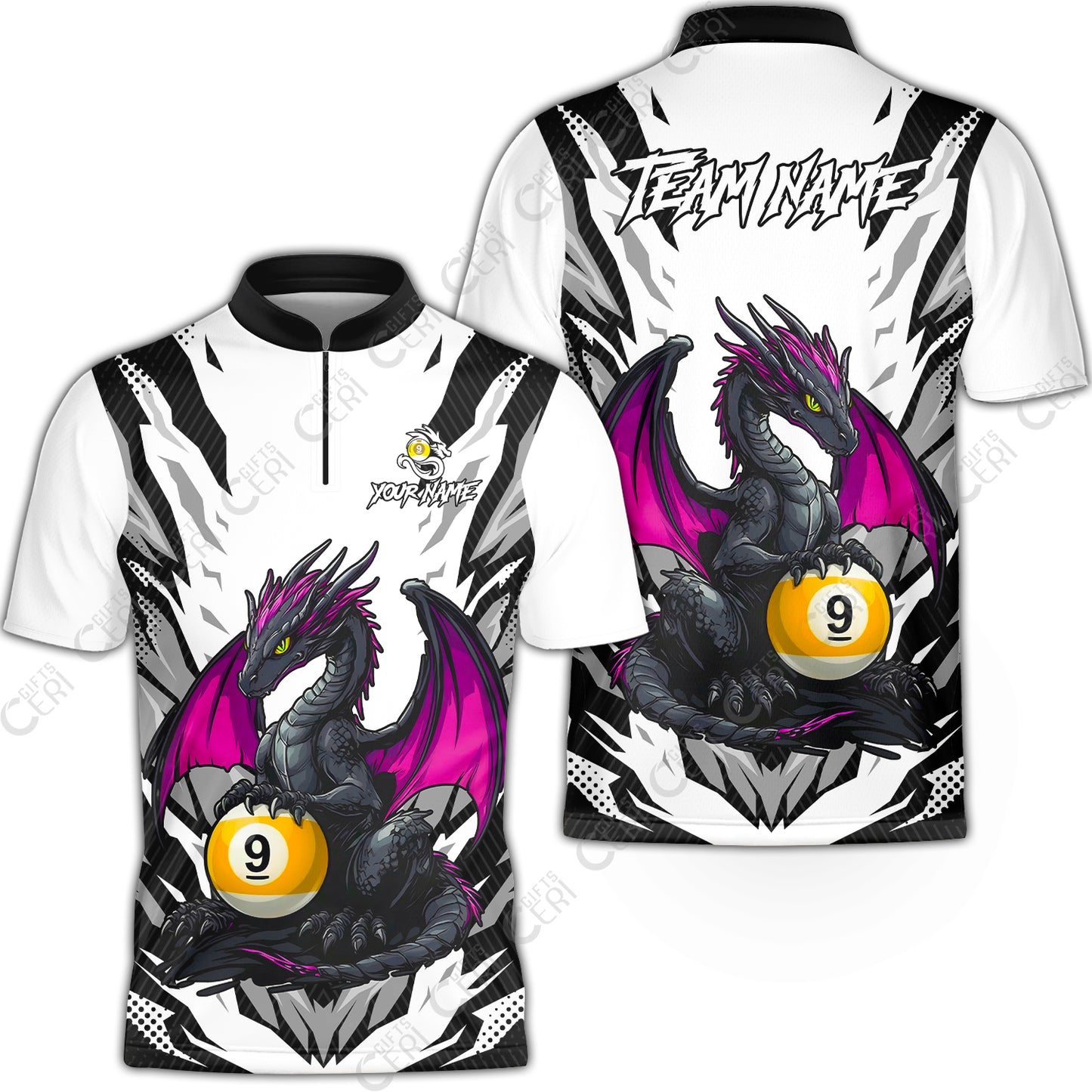 Customized Billiards Stand Collar Quarter-Zip Short Sleeve Jersey, Personalized Baby Dragon 9 Ball Jersey Gift For Billiard Players