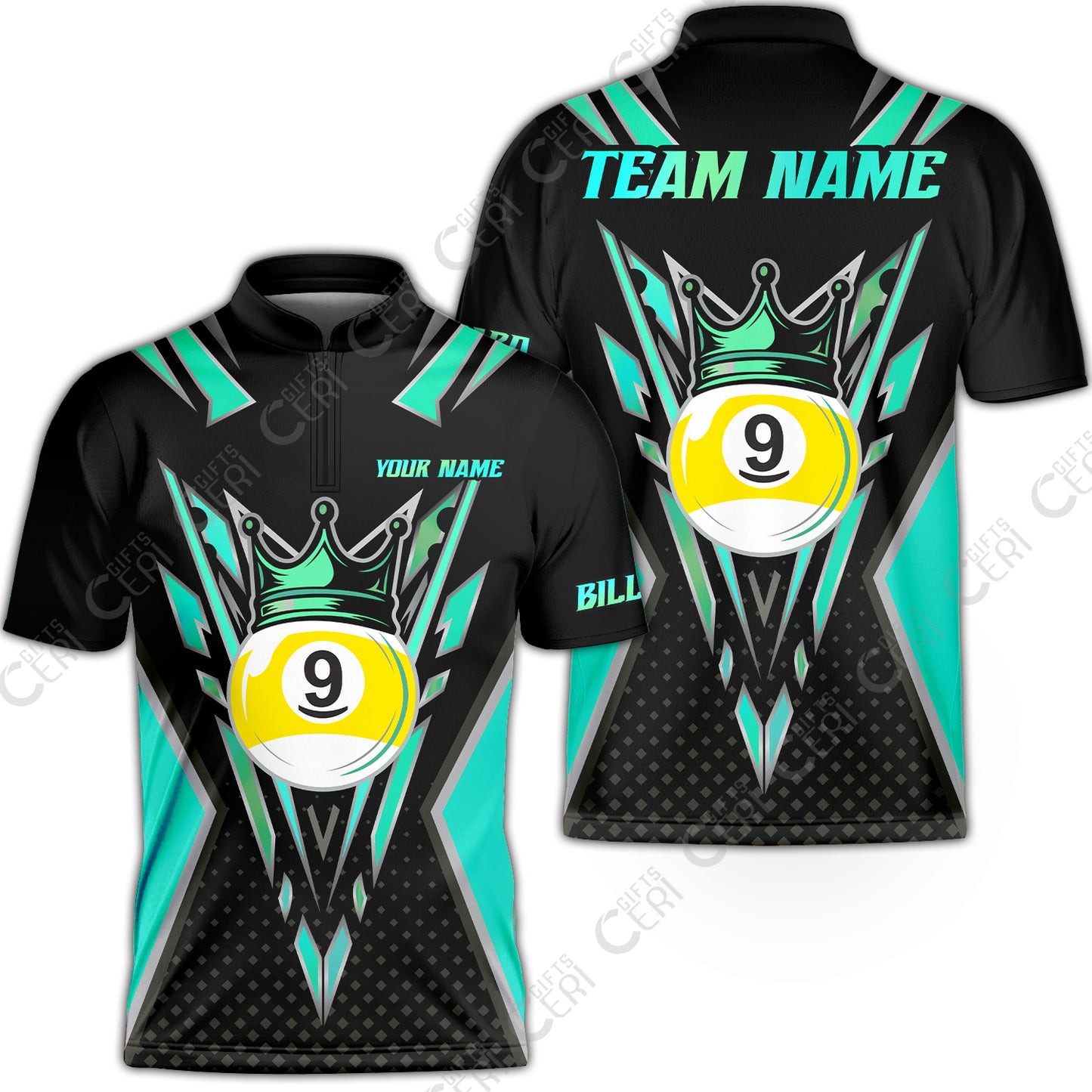 Customized 9 Ball Pool Stand Collar Quarter-Zip Short Sleeve Jersey, Billiard 9-Ball Crown, Billiard Jerseys