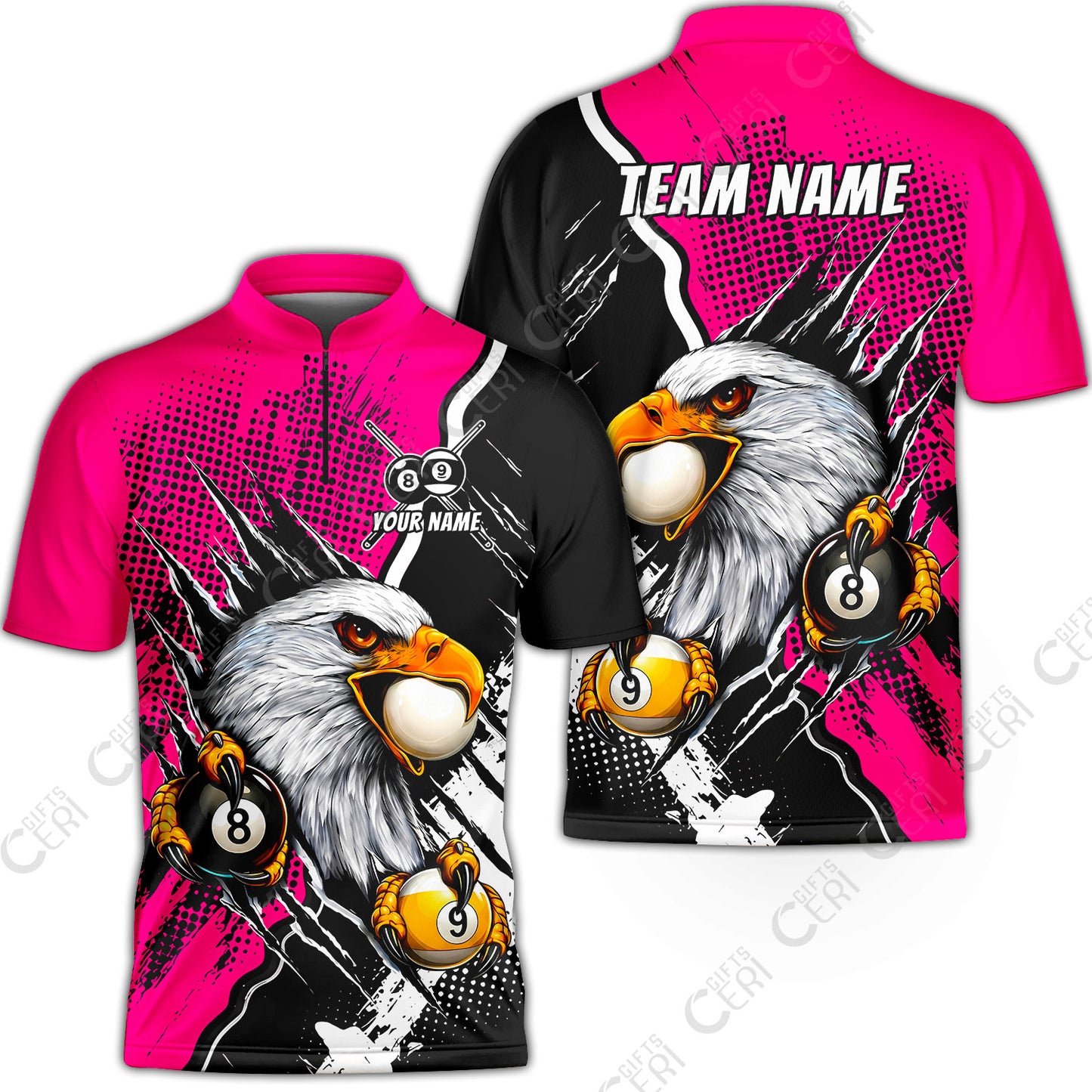 Customized Billiards Stand Collar Quarter-Zip Short Sleeve Jersey, 8 & 9 Ball Billiard Eagle Comic Dot Halftone Background Color, Billiards Jerseys