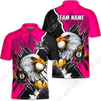 Customized Billiards Stand Collar Quarter-Zip Short Sleeve Jersey, 8 & 9 Ball Billiard Eagle Comic Dot Halftone Background Color, Billiards Jerseys