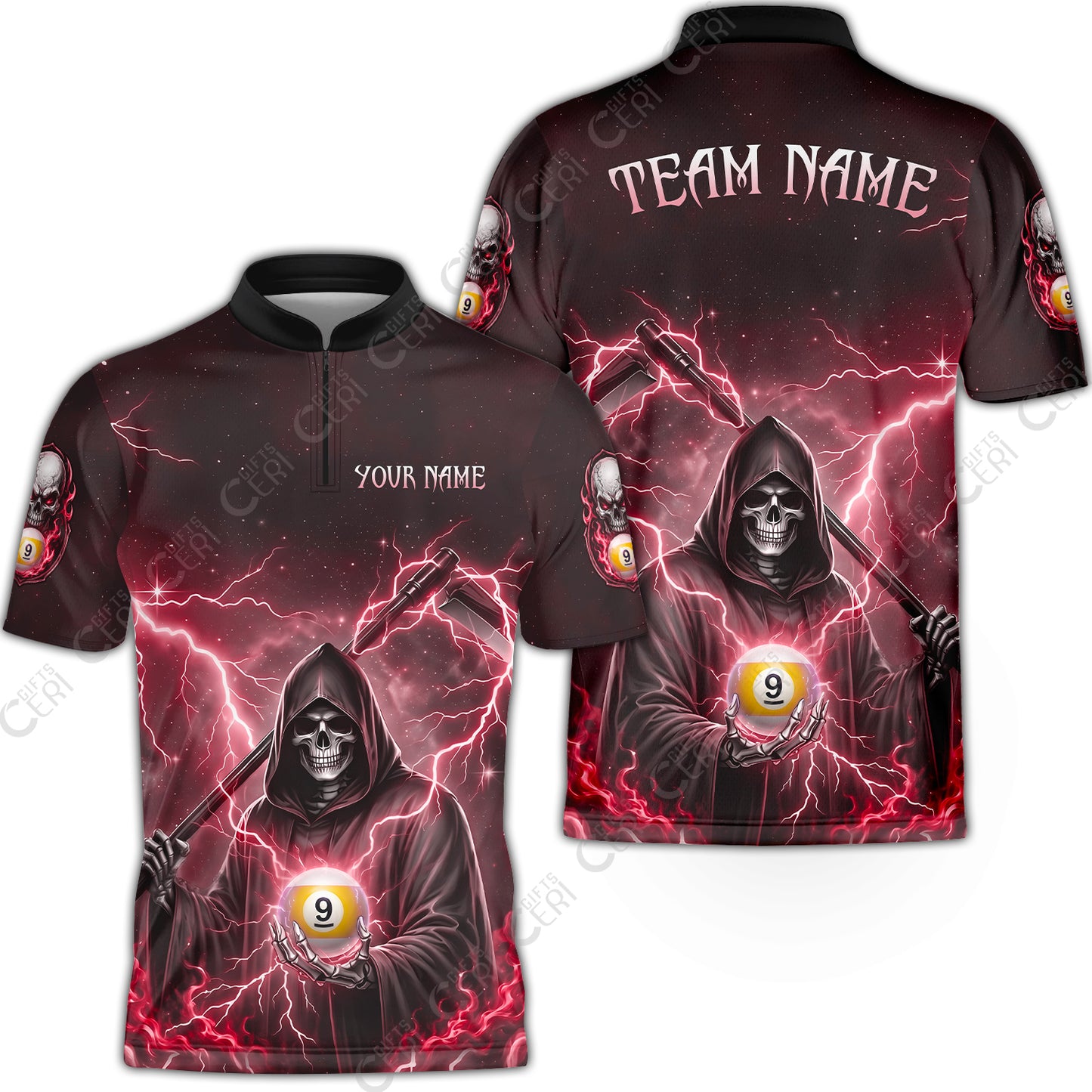Customized 9 Ball Pool Stand Collar Quarter-Zip Short Sleeve Jersey, Lightning And Flame Grim Reaper With 9 Ball, Personalized Billiards Jersey