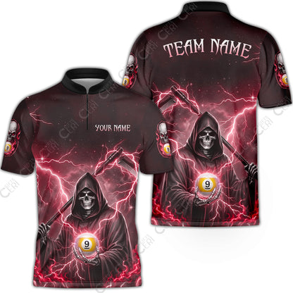 Customized 9 Ball Pool Stand Collar Quarter-Zip Short Sleeve Jersey, Lightning And Flame Grim Reaper With 9 Ball, Personalized Billiards Jersey