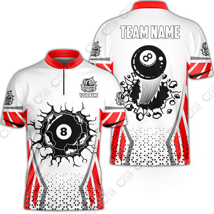 Customized 8 Ball Pool Stand Collar Quarter-Zip Short Sleeve Jersey, Billiard Triangle Pattern, 8-Ball Breaks The Wall, Billiard Jerseys