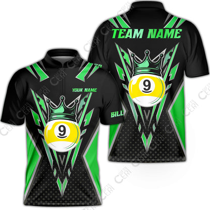 Customized 9 Ball Pool Stand Collar Quarter-Zip Short Sleeve Jersey, Billiard 9-Ball Crown, Billiard Jerseys