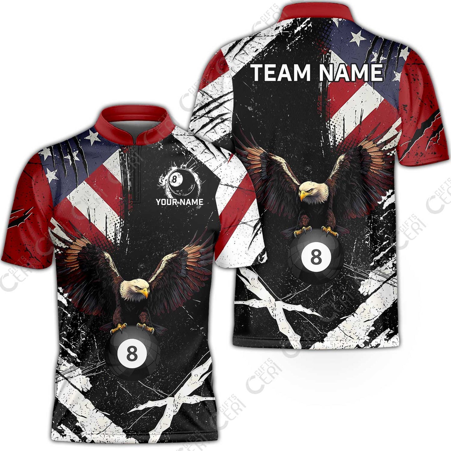 Customized 8 Ball Pool Stand Collar Quarter-Zip Short Sleeve Jersey, Eagle Billiard American Flag 8-ball, Personalized Billiards Jersey
