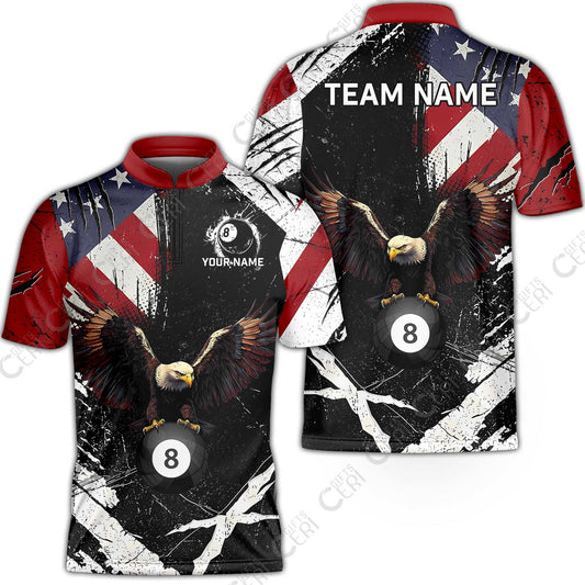 Customized 8 Ball Pool Stand Collar Quarter-Zip Short Sleeve Jersey, Eagle Billiard American Flag 8-ball, Personalized Billiards Jersey
