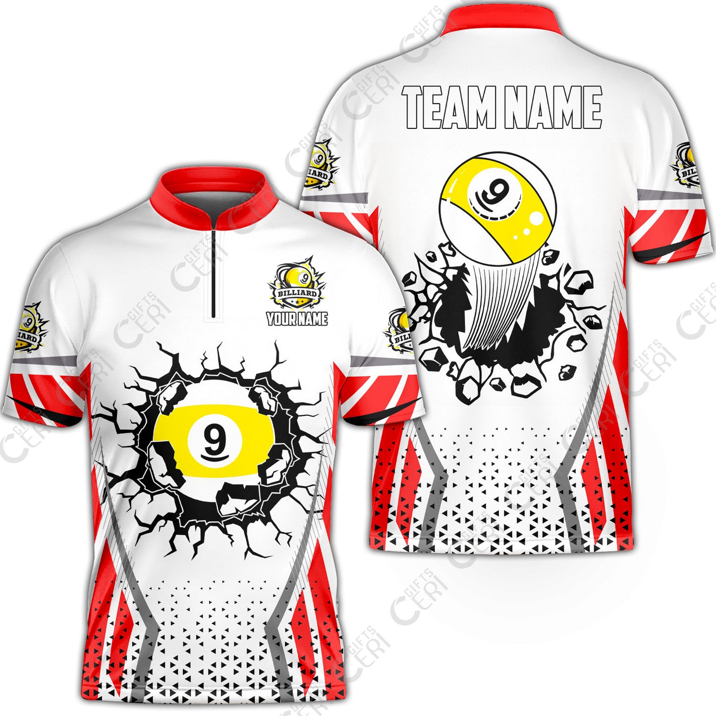 Customized 9 Ball Pool Stand Collar Quarter-Zip Short Sleeve Jersey, Billiard Triangle Pattern, 9-Ball Breaks The Wall, Billiard Jerseys