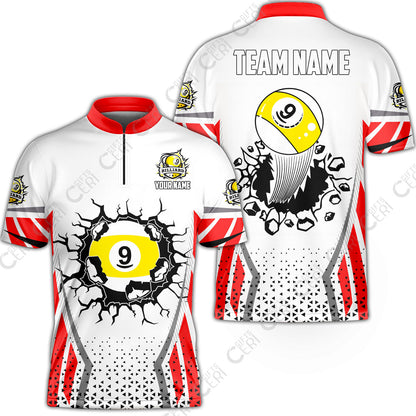 Customized 9 Ball Pool Stand Collar Quarter-Zip Short Sleeve Jersey, Billiard Triangle Pattern, 9-Ball Breaks The Wall, Billiard Jerseys