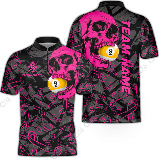 Customized 9 Ball Pool Stand Collar Quarter-Zip Short Sleeve Jersey, Billiard Pink Skull 9-Ball, Personalized Billiards Jersey