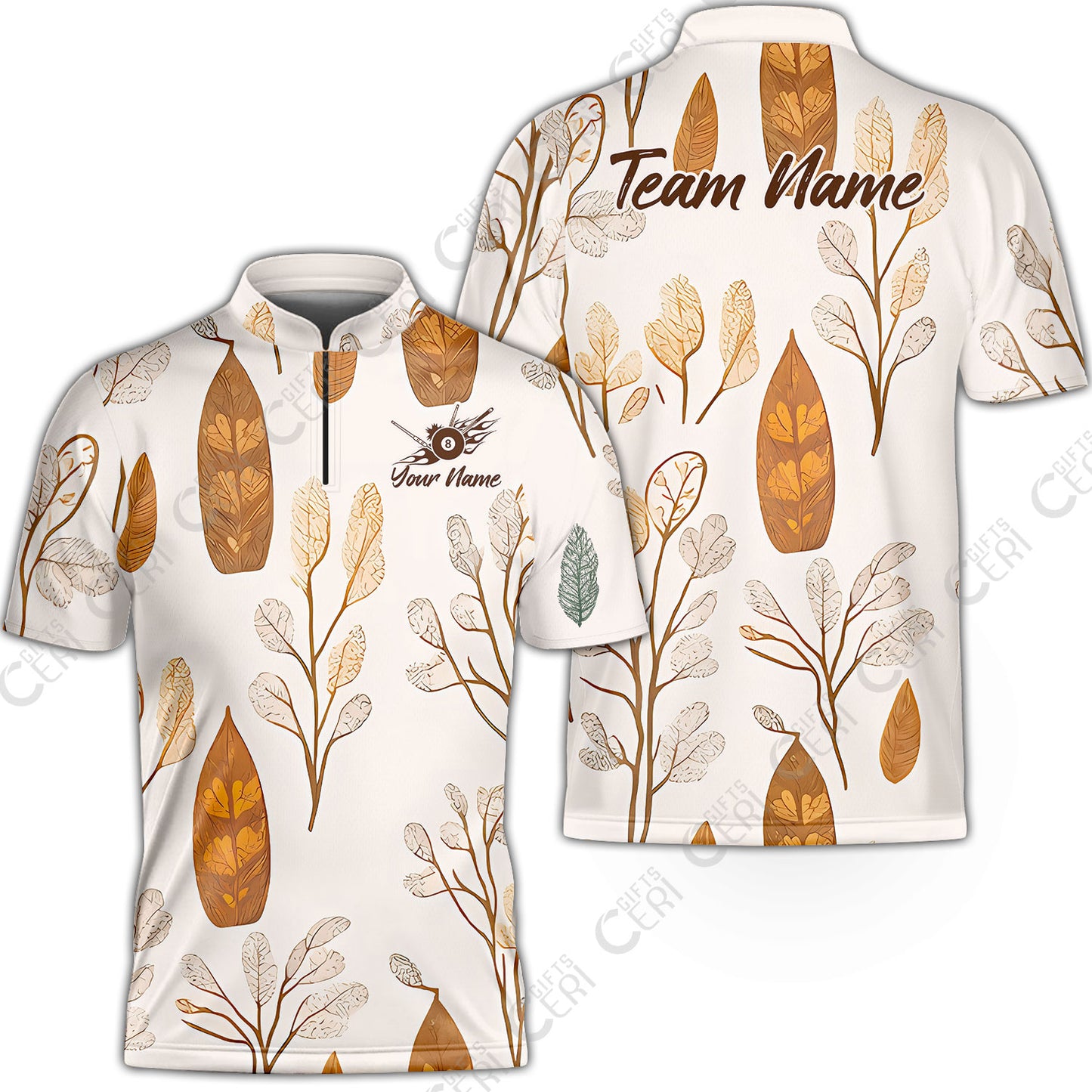 Customized 8 Ball Pool Stand Collar Quarter-Zip Short Sleeve Jersey, Leaves Pattern Billiard 8-Ball, Personalized Billiards Jersey