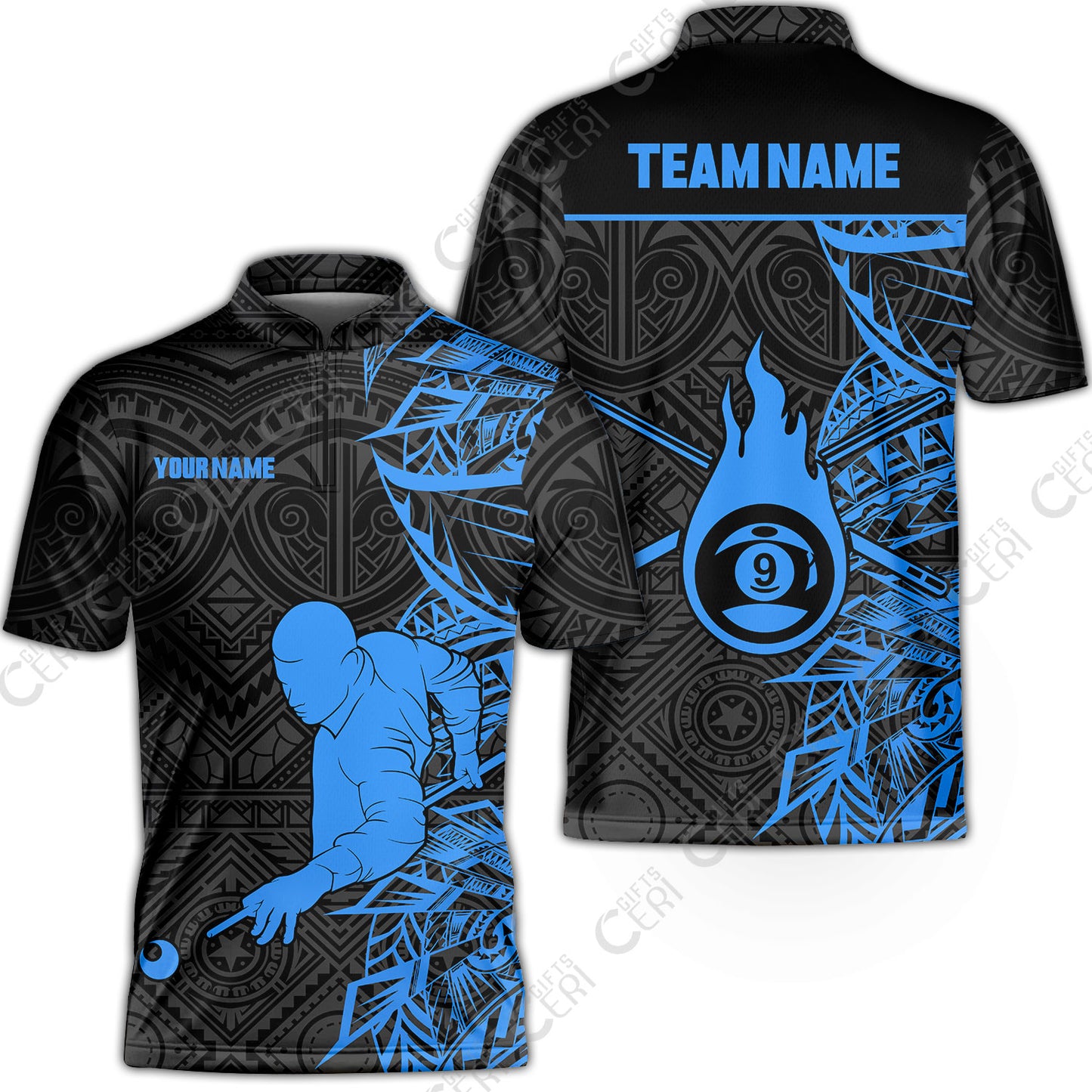 Customized 9 Ball Pool Stand Collar Quarter-Zip Short Sleeve Jersey, 9-Ball Billiards Tattoo Pattern, Billiards Jerseys