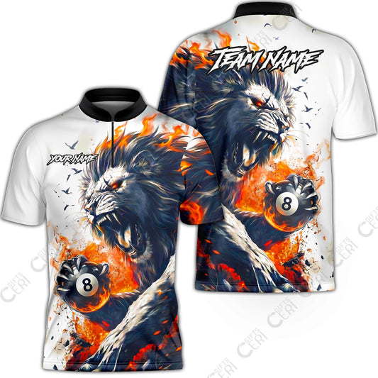 Customized 8 Ball Pool Stand Collar Quarter-Zip Short Sleeve Jersey, Lion Fire Lava 8-Ball, Personalized Billiards Jersey