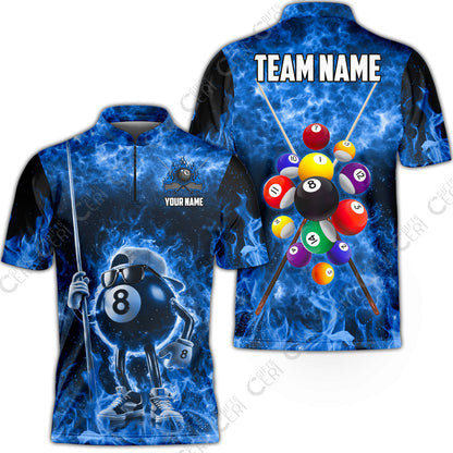 Customized 8 Ball Pool Stand Collar Quarter-Zip Short Sleeve Jersey, 8-Ball Wearing Cap And Sunglasses Flaming Burn, Billiard Jerseys