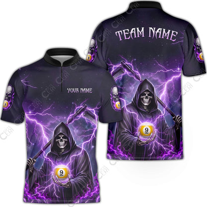 Customized 9 Ball Pool Stand Collar Quarter-Zip Short Sleeve Jersey, Lightning And Flame Grim Reaper With 9 Ball, Personalized Billiards Jersey