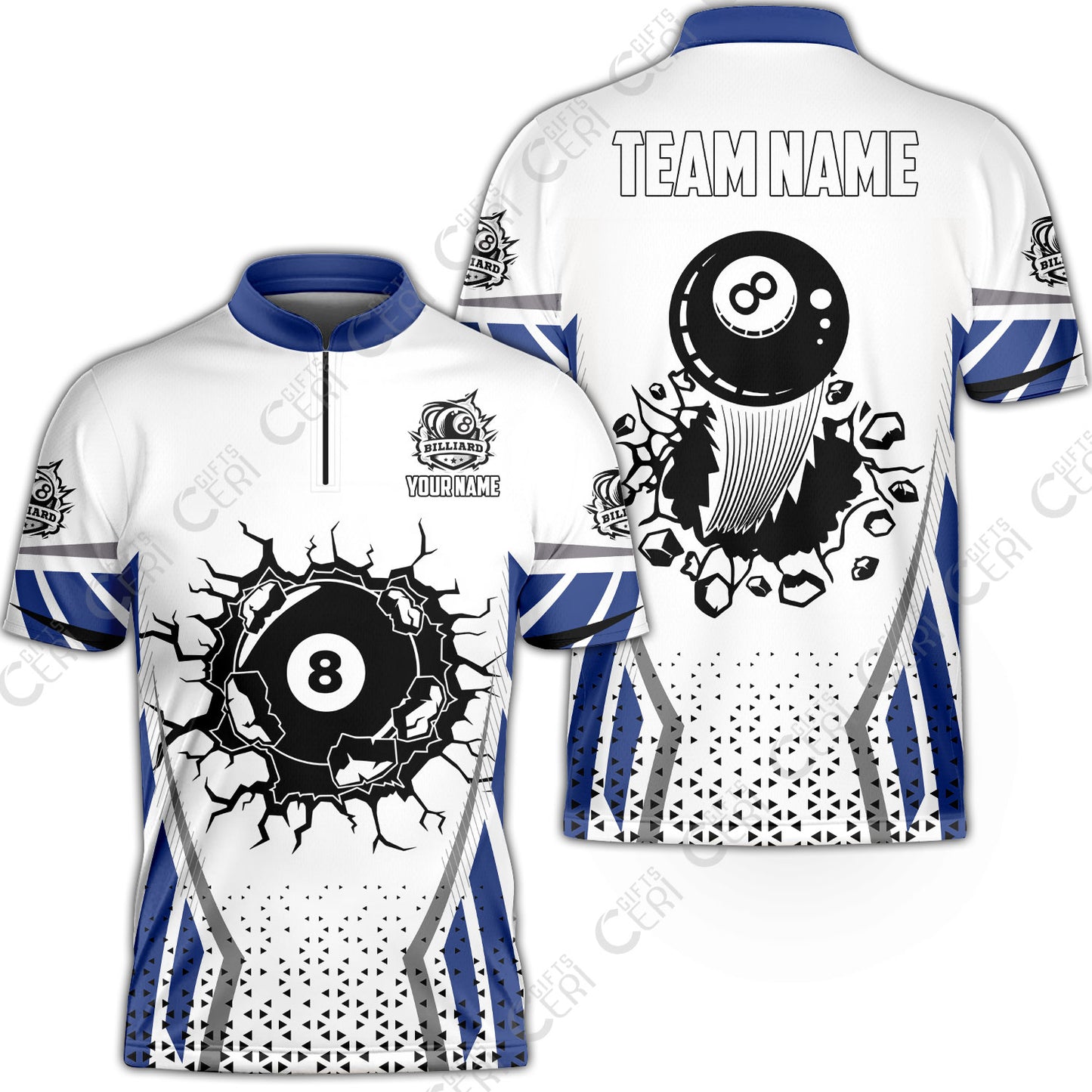 Customized 8 Ball Pool Stand Collar Quarter-Zip Short Sleeve Jersey, Billiard Triangle Pattern, 8-Ball Breaks The Wall, Billiard Jerseys