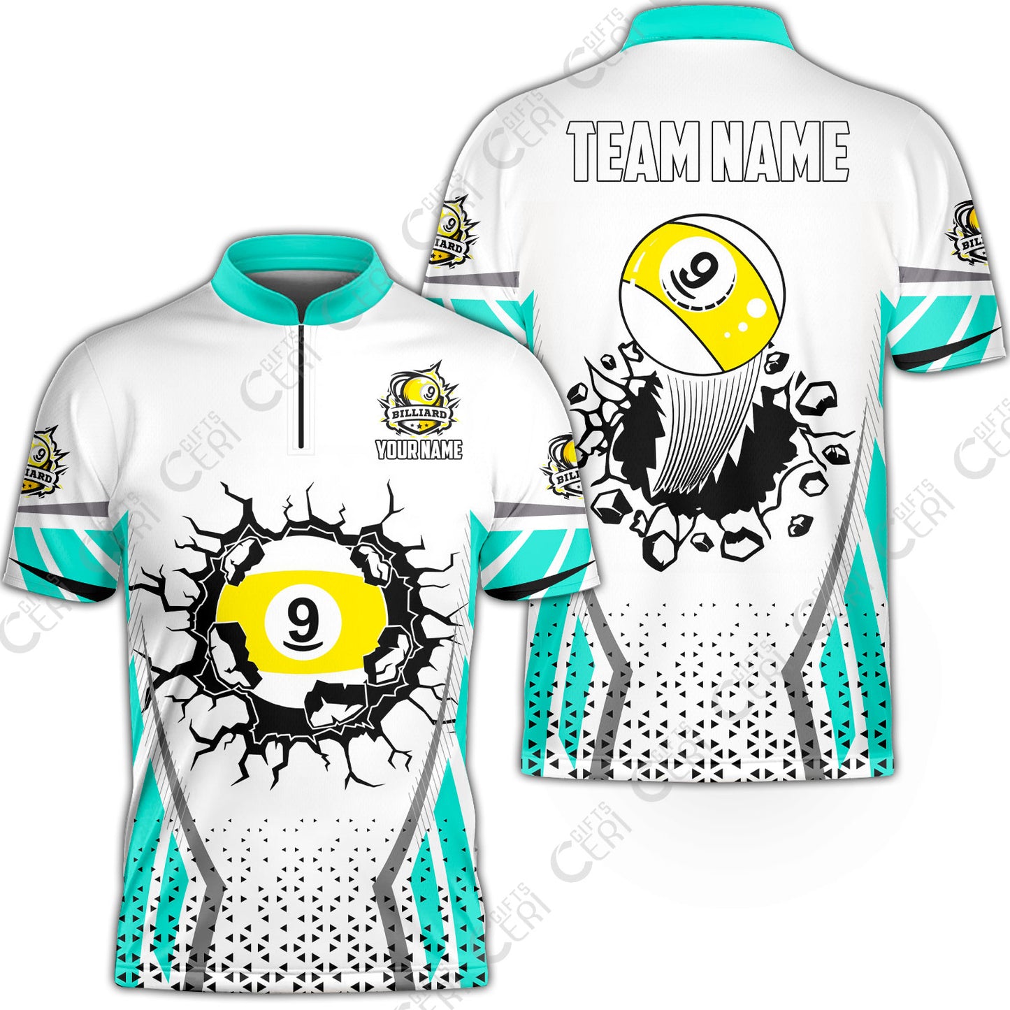 Customized 9 Ball Pool Stand Collar Quarter-Zip Short Sleeve Jersey, Billiard Triangle Pattern, 9-Ball Breaks The Wall, Billiard Jerseys