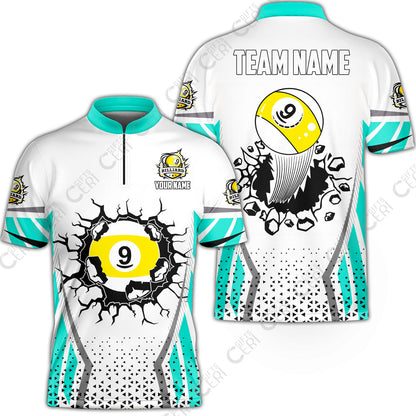 Customized 9 Ball Pool Stand Collar Quarter-Zip Short Sleeve Jersey, Billiard Triangle Pattern, 9-Ball Breaks The Wall, Billiard Jerseys