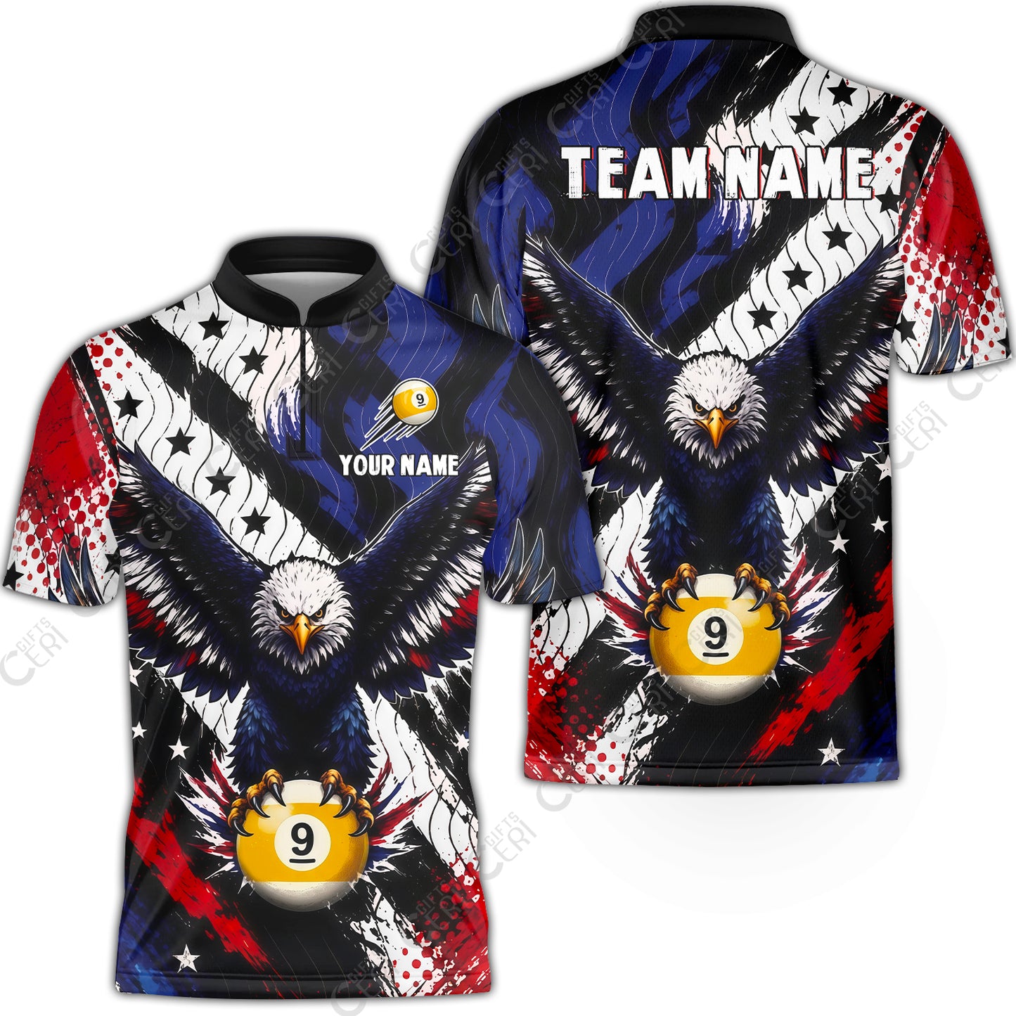 Customized 9 Ball Pool Stand Collar Quarter-Zip Short Sleeve Jersey, Eagle Holding Ball American Flag 9-ball, Personalized Billiards Jersey