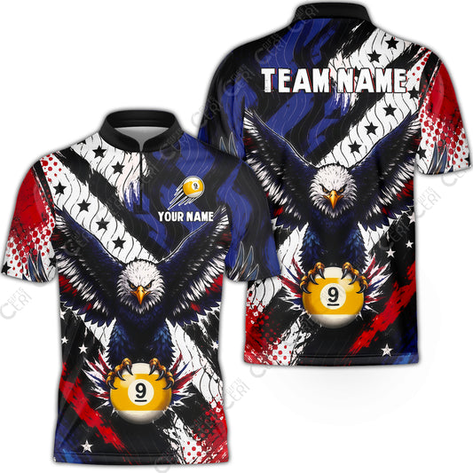 Customized 9 Ball Pool Stand Collar Quarter-Zip Short Sleeve Jersey, Eagle Holding Ball American Flag 9-ball, Personalized Billiards Jersey