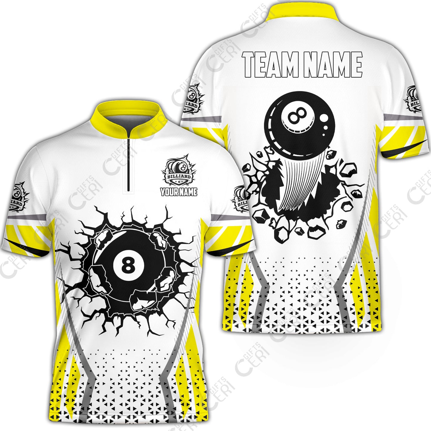 Customized 8 Ball Pool Stand Collar Quarter-Zip Short Sleeve Jersey, Billiard Triangle Pattern, 8-Ball Breaks The Wall, Billiard Jerseys