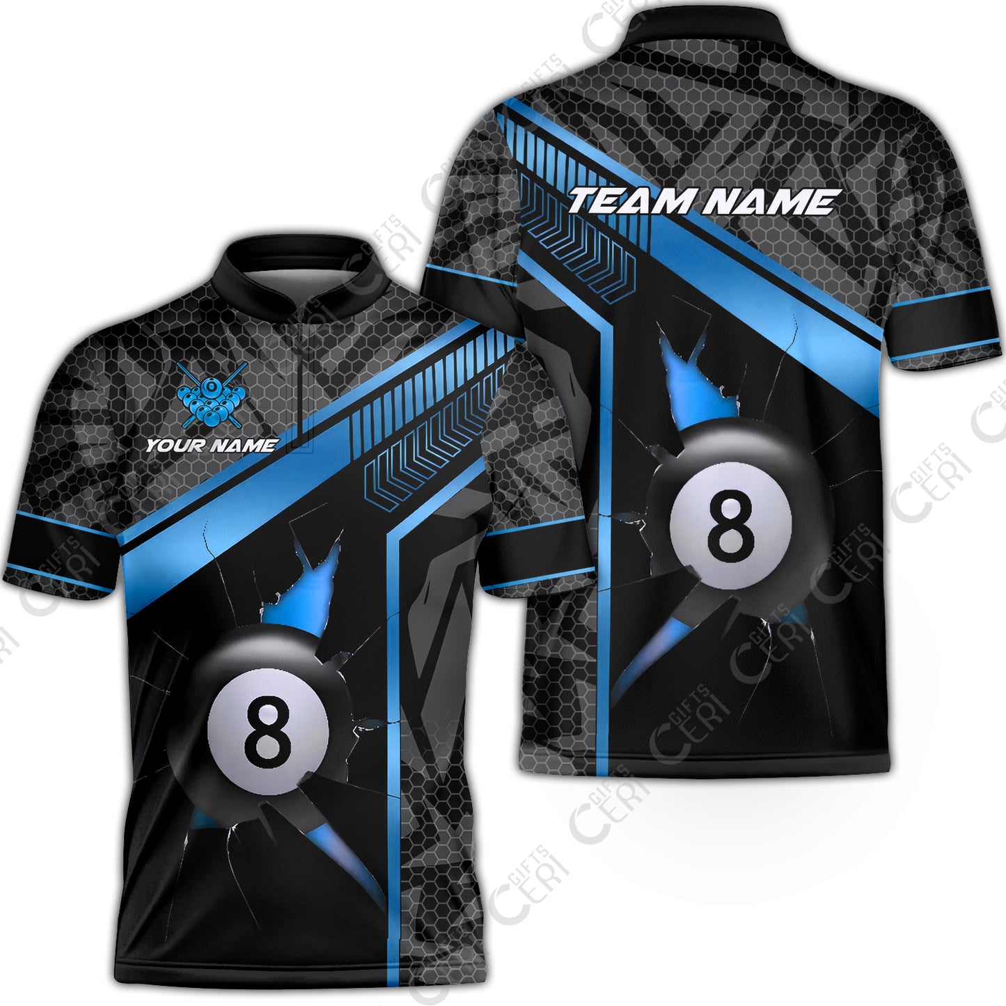 Customized Billiards Stand Collar Quarter-Zip Short Sleeve Jersey, Personalized Hexagonal Patterns With A Cracked Glass 8 Ball Jersey