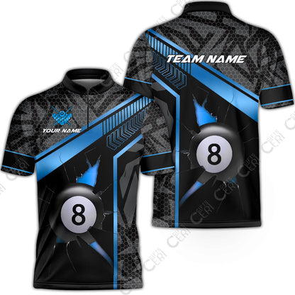 Customized Billiards Stand Collar Quarter-Zip Short Sleeve Jersey, Personalized Hexagonal Patterns With A Cracked Glass 8 Ball Jersey