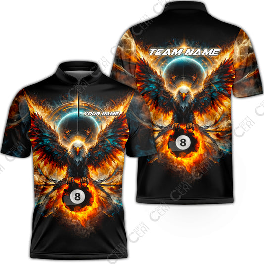 Customized 8 Ball Pool Stand Collar Quarter-Zip Short Sleeve Jersey, Billiard Phantom 8-Ball Flame Eagle, Billiards Jerseys