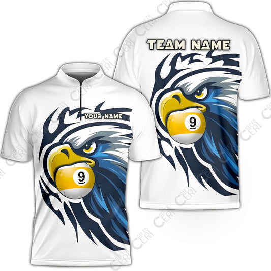 Customized 9 Ball Pool Stand Collar Quarter-Zip Short Sleeve Jersey, Eagle Eye 9-Ball, Personalized Billiards Jersey
