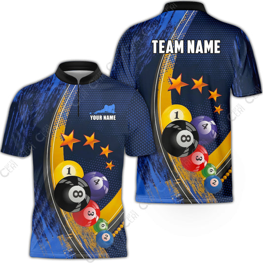 Customized 8 Ball Pool Stand Collar Quarter-Zip Short Sleeve Jersey, Brush Paint Billiards 8-Ball, Personalized Billiards Jersey