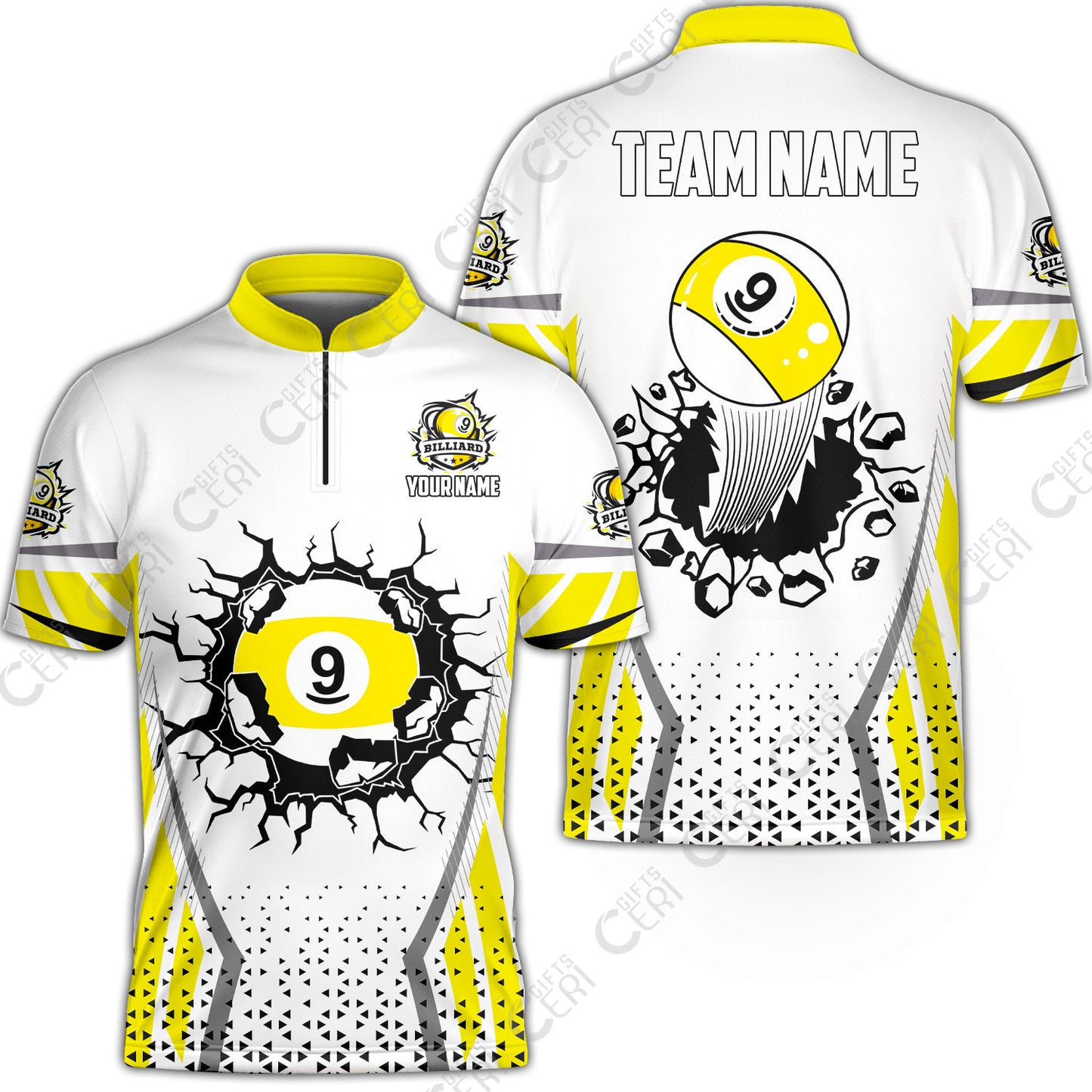 Customized 9 Ball Pool Stand Collar Quarter-Zip Short Sleeve Jersey, Billiard Triangle Pattern, 9-Ball Breaks The Wall, Billiard Jerseys